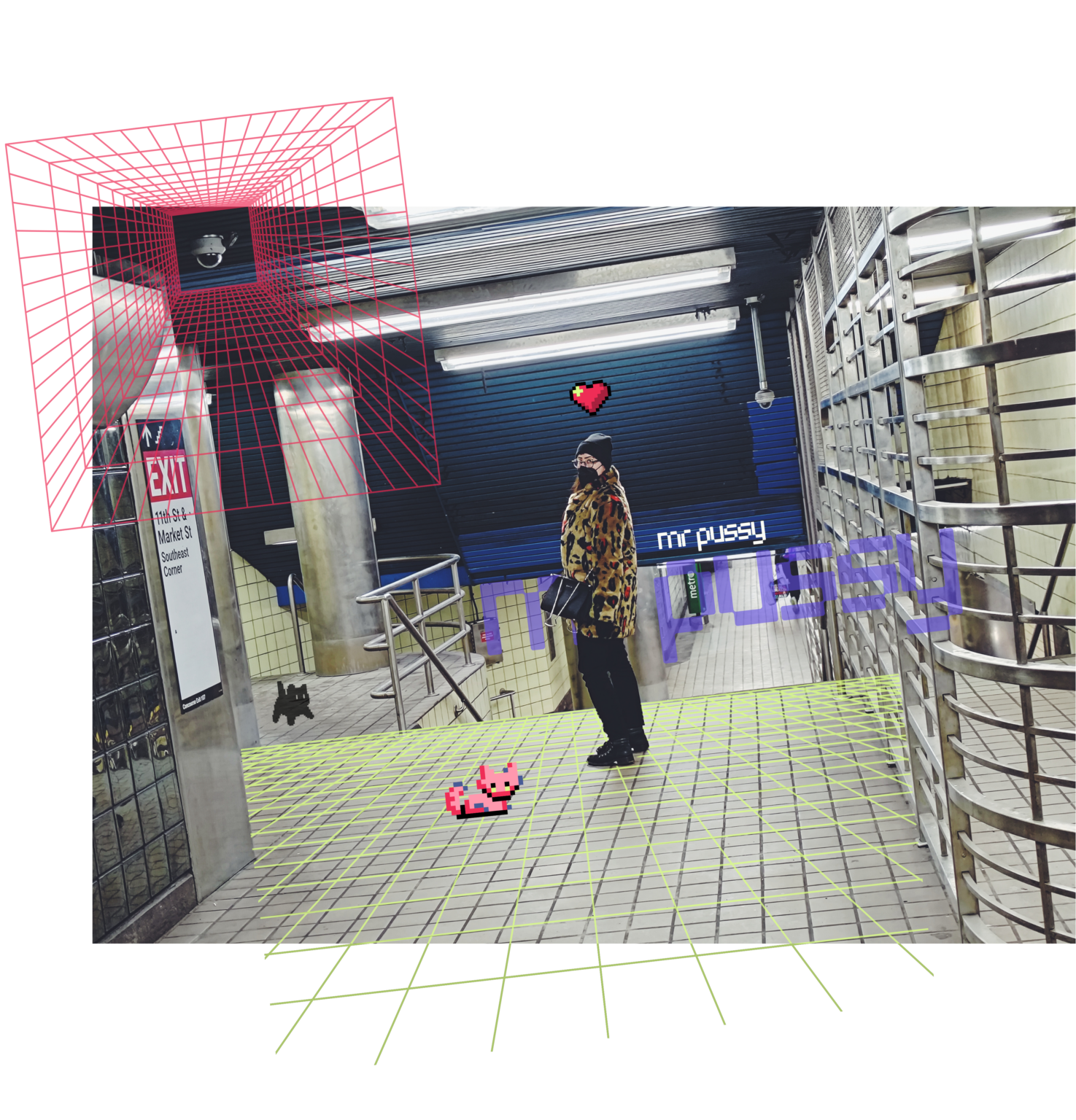 mr pussy is standing in the philly subway. there are semi-transparent grid lines on the floor and two pixelated cats hanging out with her. she is wearing a leopard print fur coat and has a pixel heart above her head